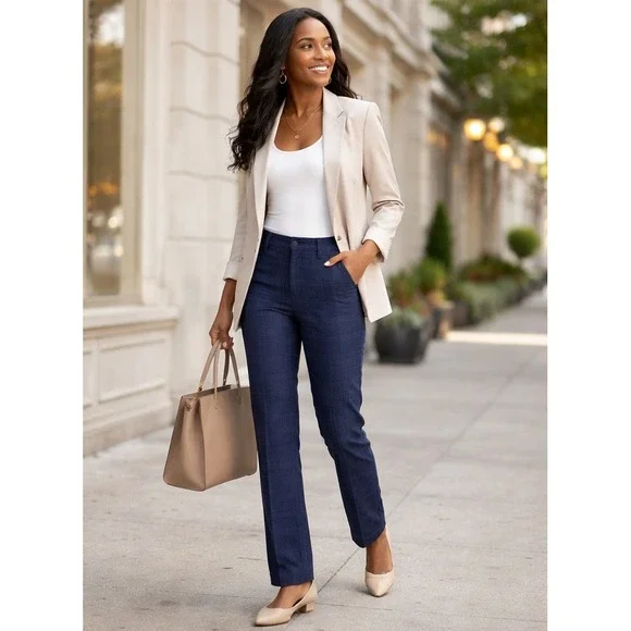 LEE Wrinkle Free Plaid Straight Leg Pants Women's Size 18 Short Blue Mid Rise - Picture 3 of 8